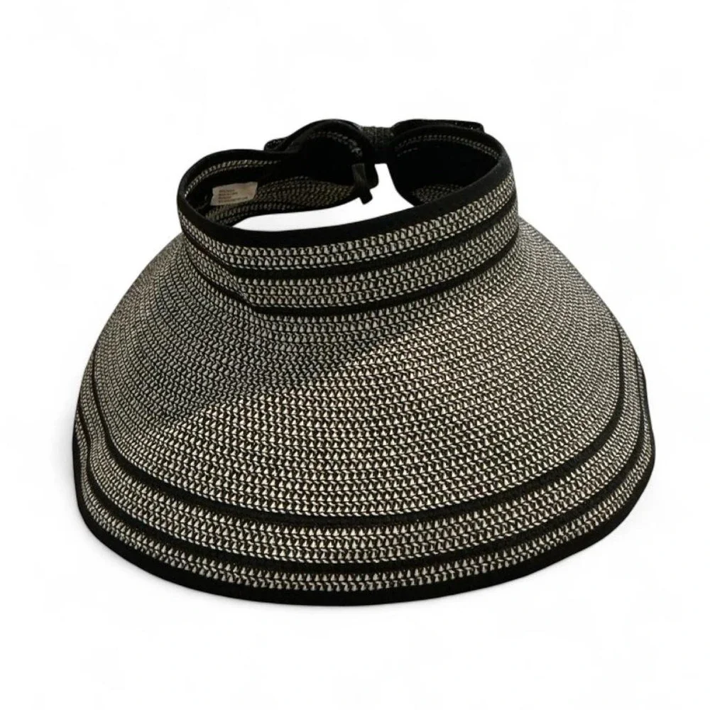 Magid Hats Sun Visor Women OS Black White Striped Bow Packable Straw